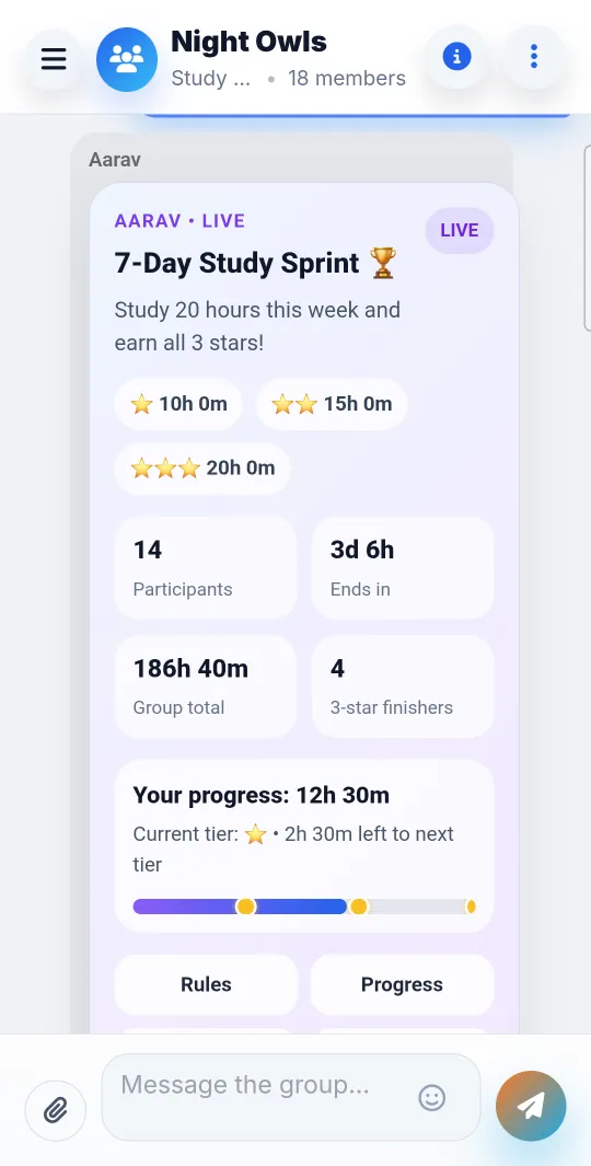 A seven-day study challenge card in PulsePom's group chat on Android, with one- to three-star goals
