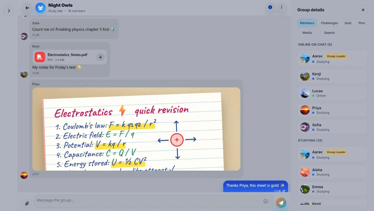 PulsePom group chat on a PC: a shared PDF of notes, a photo of revision notes and the group details panel