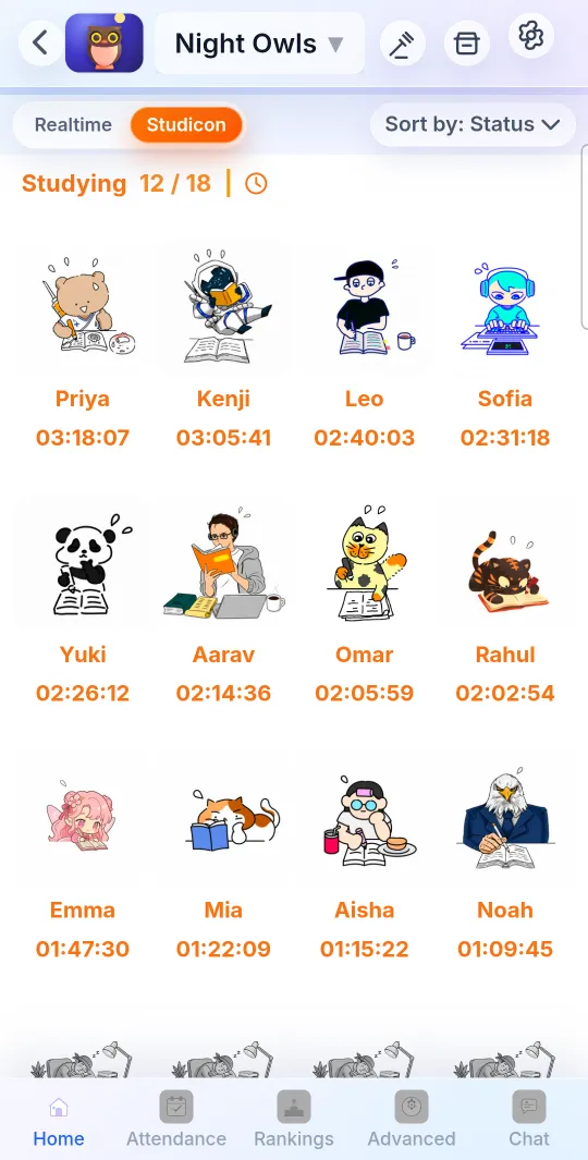 A PulsePom study group on Android: 12 of 18 members studying, each with a Studicon and their study time today