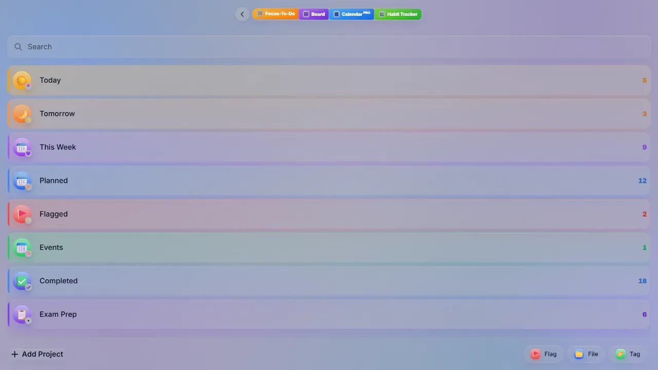 PulsePom's planner on a PC with Today, Tomorrow, This Week, Planned, Flagged, Completed and a project list