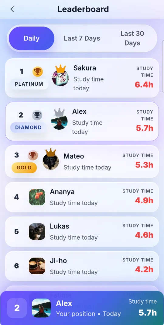 PulsePom's global leaderboard on Android with Platinum, Diamond and Gold badges for the top three