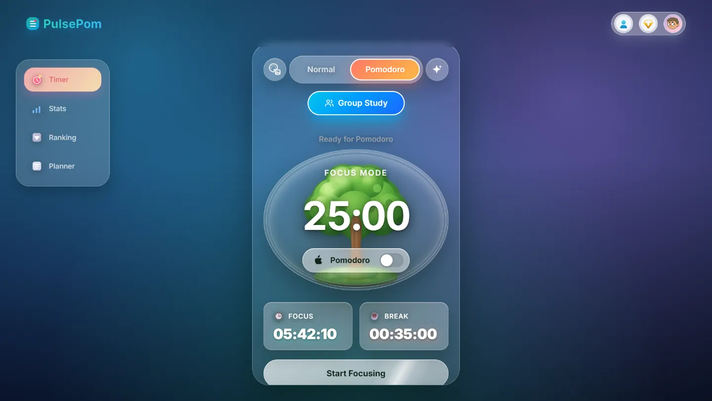 PulsePom's Pomodoro focus timer on a PC, with the Normal and Pomodoro switch, a Group Study button and today's focus and break time